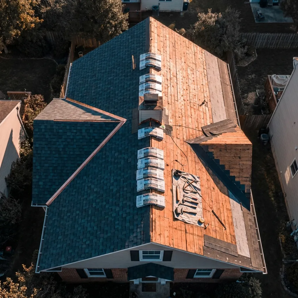Aerial view of a full tear-off replacement in progress on a Clearwater home