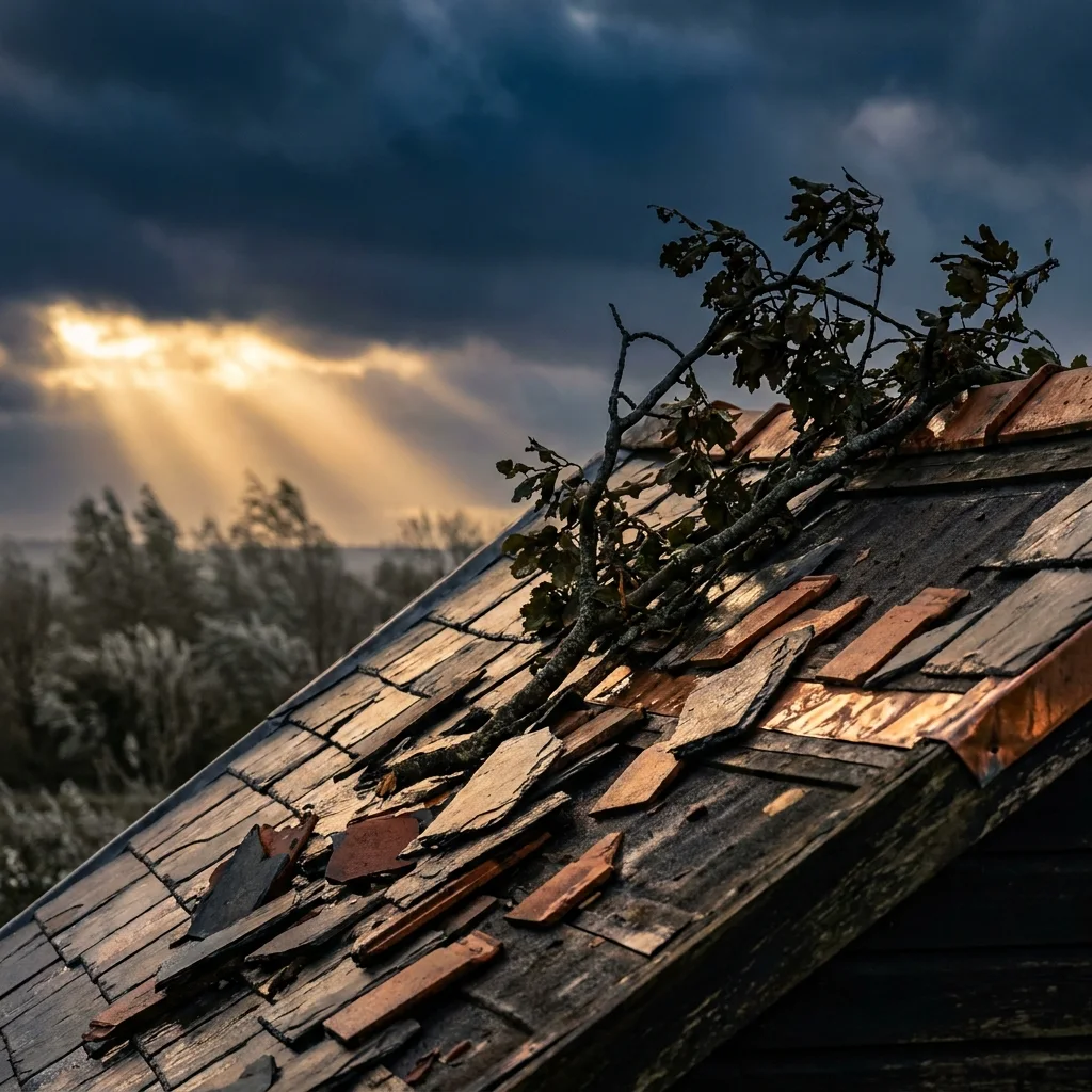 Storm-damaged shingles lifted by hurricane-force wind on a Gulf Coast roof